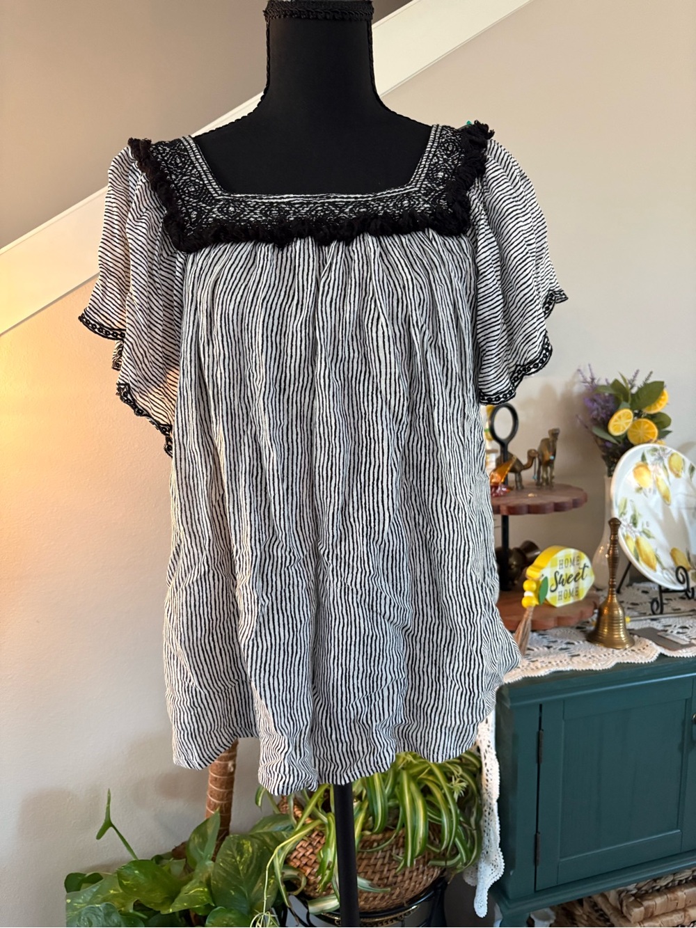 Cost Plus World Market Black & White Striped Square-Neck Tunic with Lace Trim